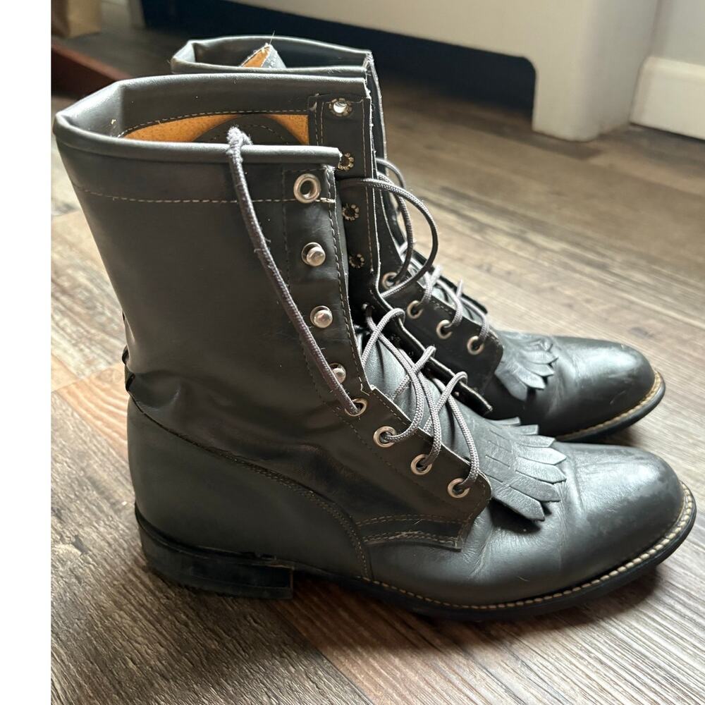 Texas Brand Boots Kiltie Lace Up Gray Leather Western 4442 Size 8 Medium